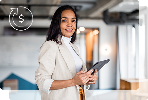 A female professional holds a tablet while gazing thoughtfully, symbolizing confidence and innovation in financial workflows.